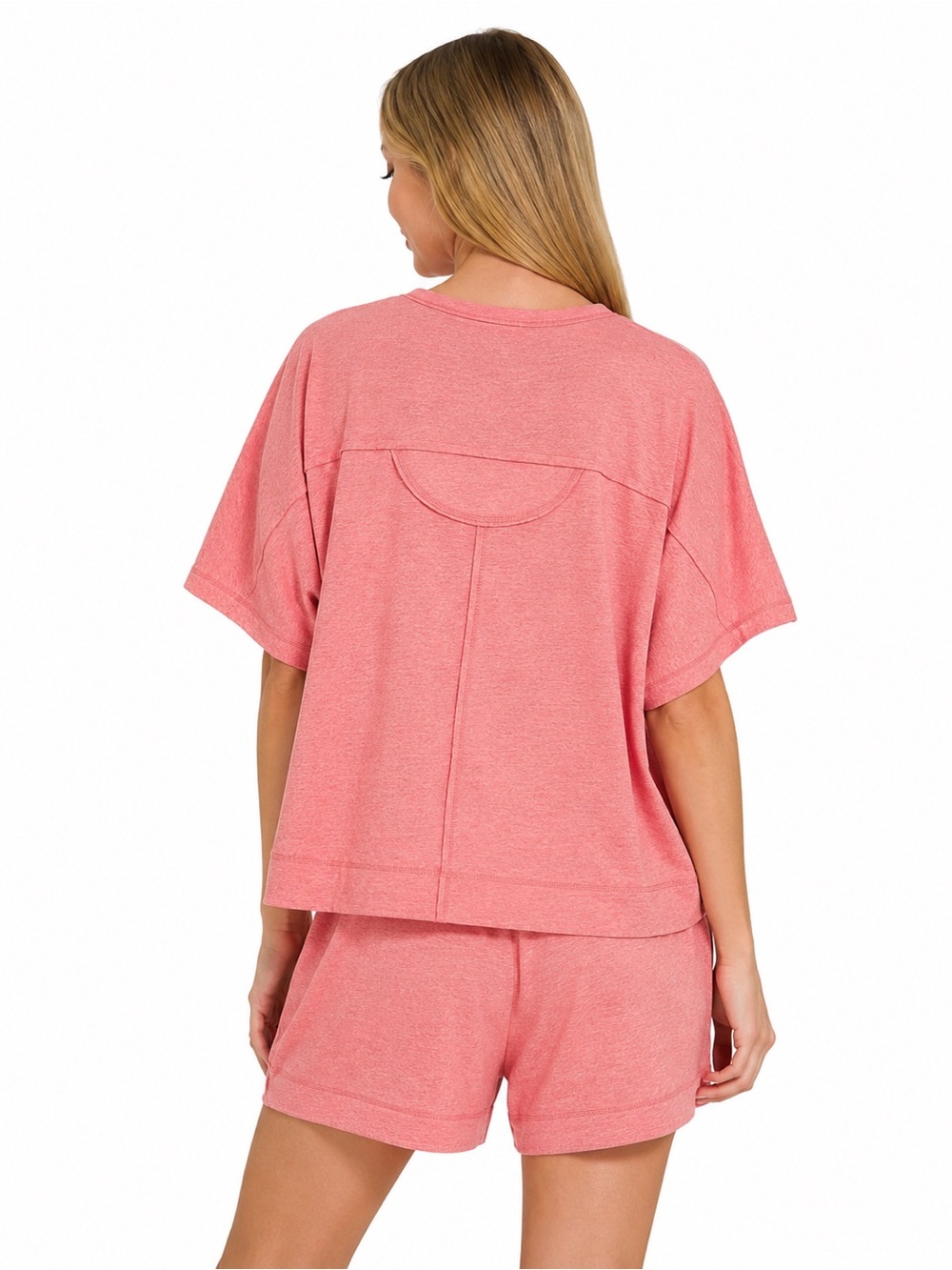 NEW Zenana Heathered Red Exposed Seam Boxy Top & Shorts Set – S, M, L - Picture 2 of 2